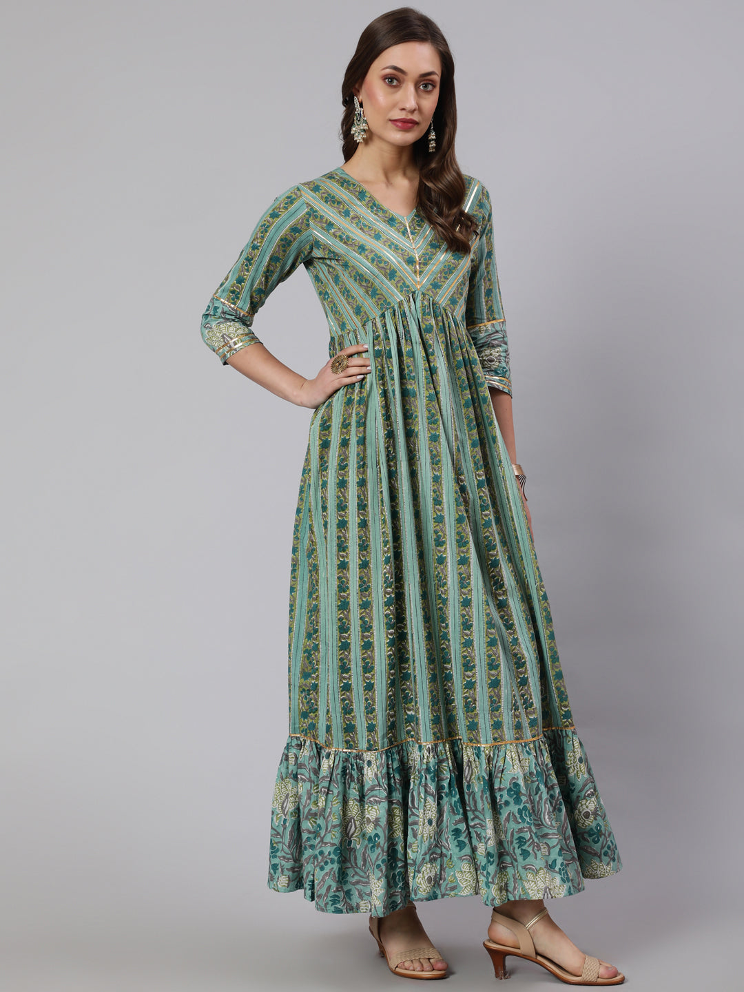 Cotton Printed Ankle Length Flared 3/4 Sleeve Round Neck Kurta