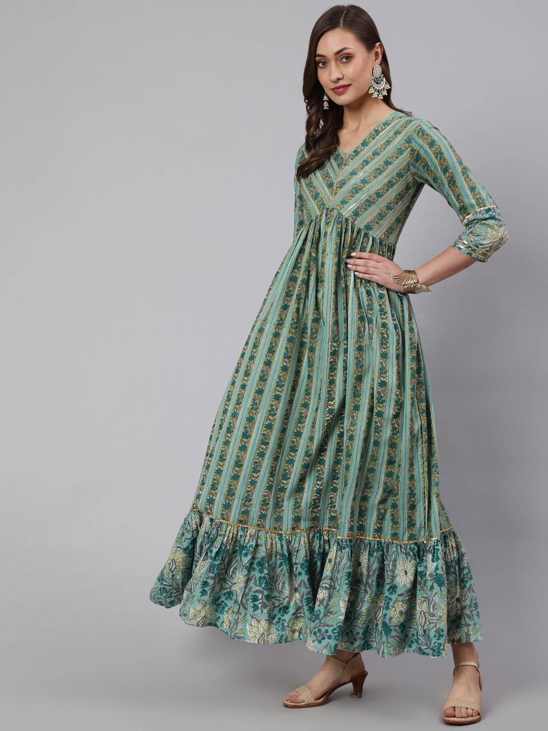 Cotton Printed Ankle Length Flared 3/4 Sleeve Round Neck Kurta