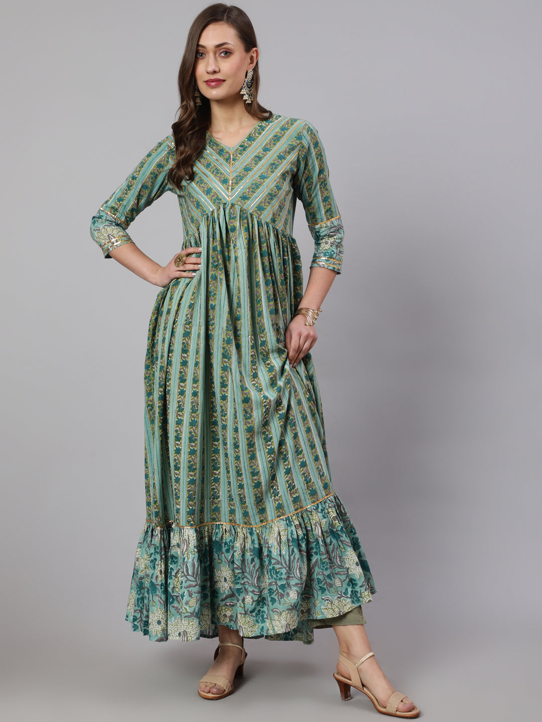 Cotton Printed Ankle Length Flared 3/4 Sleeve Round Neck Kurta