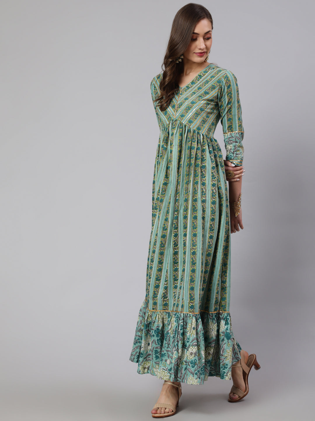 Cotton Printed Ankle Length Flared 3/4 Sleeve Round Neck Kurta