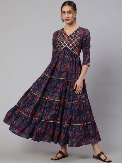 Cotton Printed Ankle Length Flared 3/4 Sleeve Round Neck Kurta