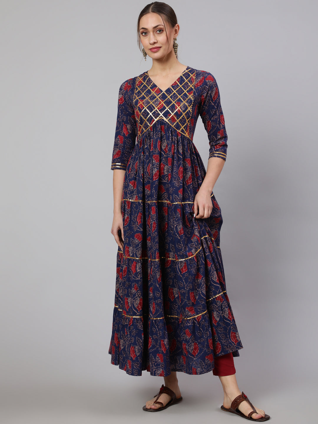 Cotton Printed Ankle Length Flared 3/4 Sleeve Round Neck Kurta