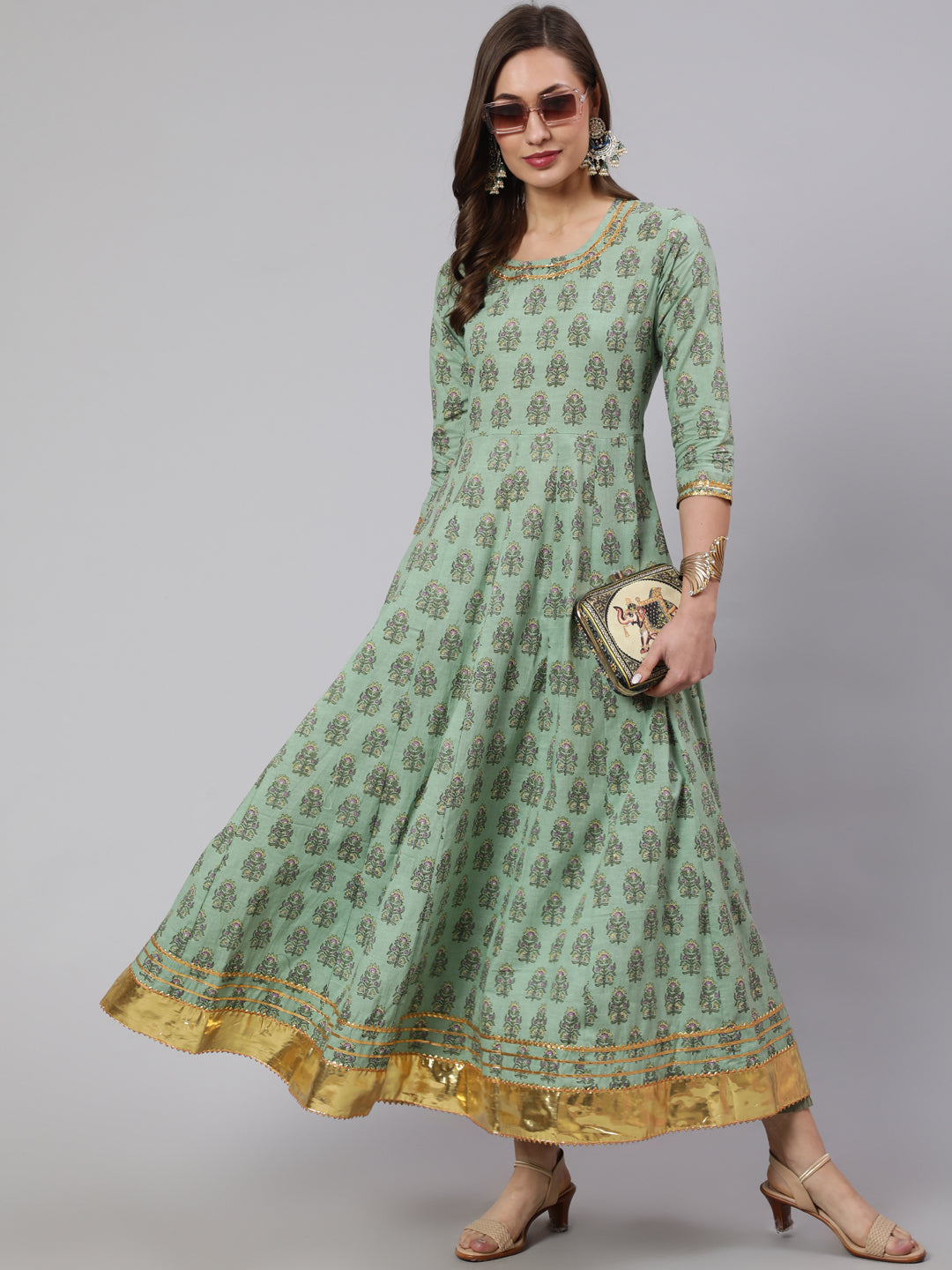 Cotton Printed Ankle Length Anarkali 3/4 Sleeve Round Neck Kurta