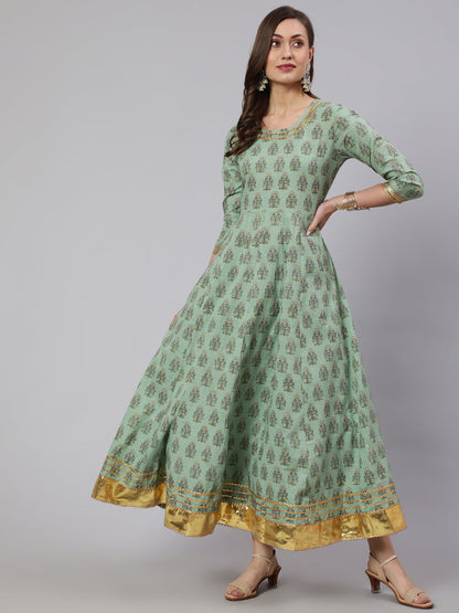 Cotton Printed Ankle Length Anarkali 3/4 Sleeve Round Neck Kurta