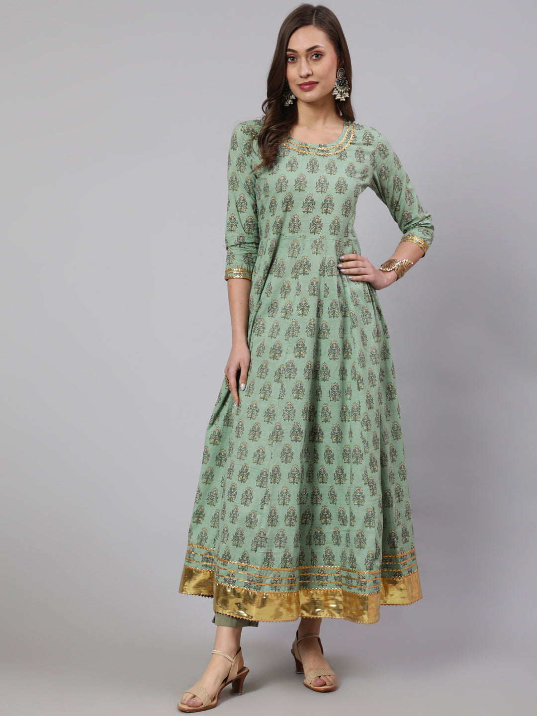 Cotton Printed Ankle Length Anarkali 3/4 Sleeve Round Neck Kurta