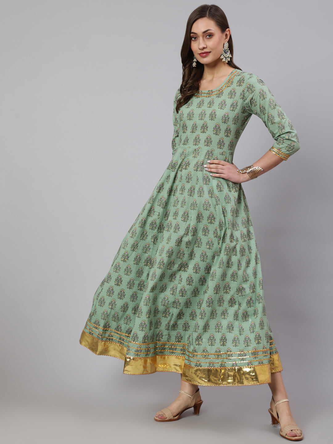 Cotton Printed Ankle Length Anarkali 3/4 Sleeve Round Neck Kurta