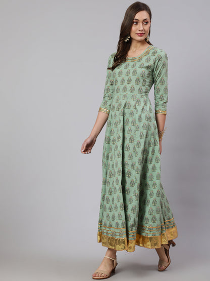 Cotton Printed Ankle Length Anarkali 3/4 Sleeve Round Neck Kurta