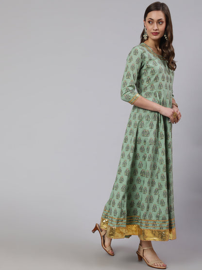 Cotton Printed Ankle Length Anarkali 3/4 Sleeve Round Neck Kurta