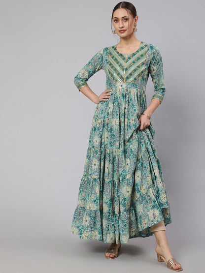 Cotton Printed Ankle Length Flared 3/4 Sleeve Round Neck Kurta