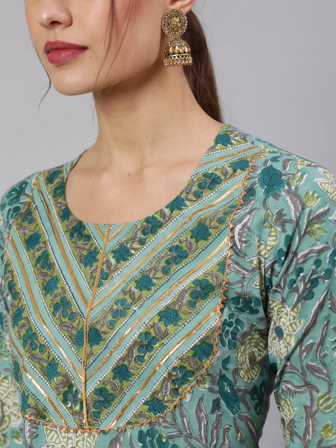 Cotton Printed Ankle Length Flared 3/4 Sleeve Round Neck Kurta