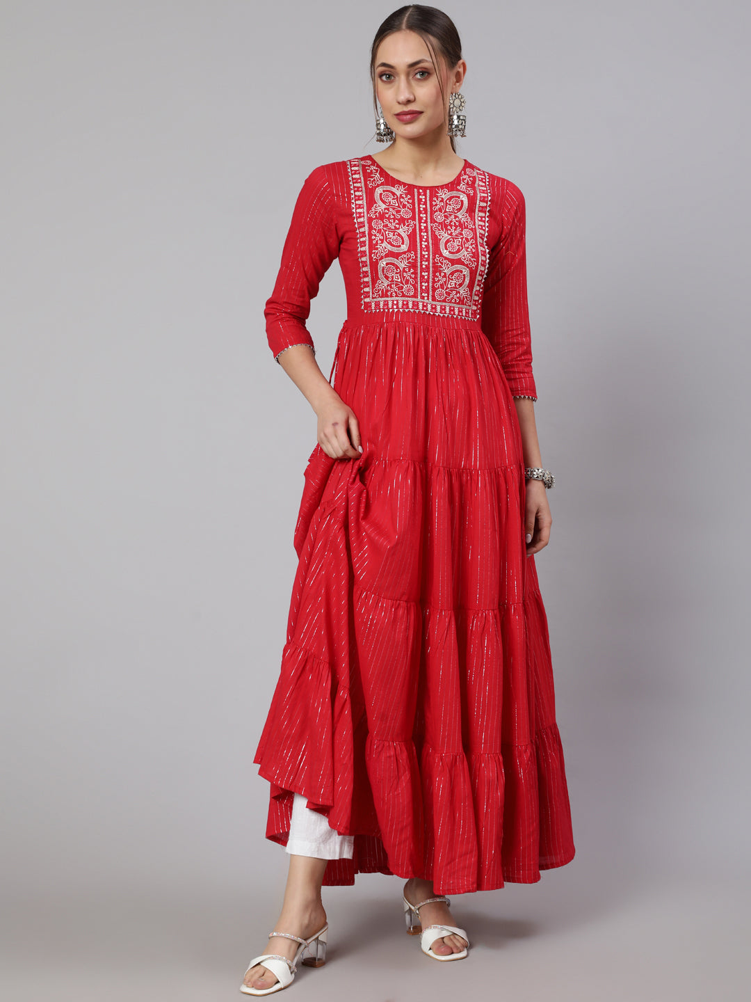 Cotton Printed Ankle Length Flared 3/4 Sleeve Round Neck Kurta