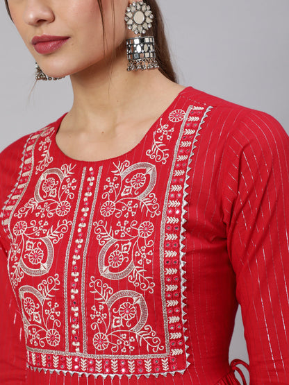 Cotton Printed Ankle Length Flared 3/4 Sleeve Round Neck Kurta