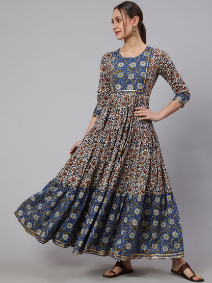 Cotton Printed Ankle Length Flared 3/4 Sleeve Round Neck Kurta