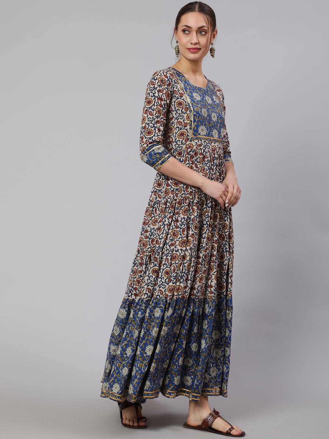 Cotton Printed Ankle Length Flared 3/4 Sleeve Round Neck Kurta