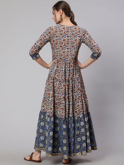 Cotton Printed Ankle Length Flared 3/4 Sleeve Round Neck Kurta