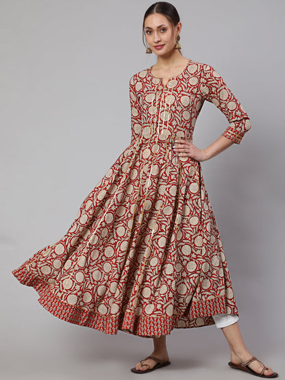 Cotton Printed Ankle Length Flared 3/4 Sleeve Round Neck Kurta