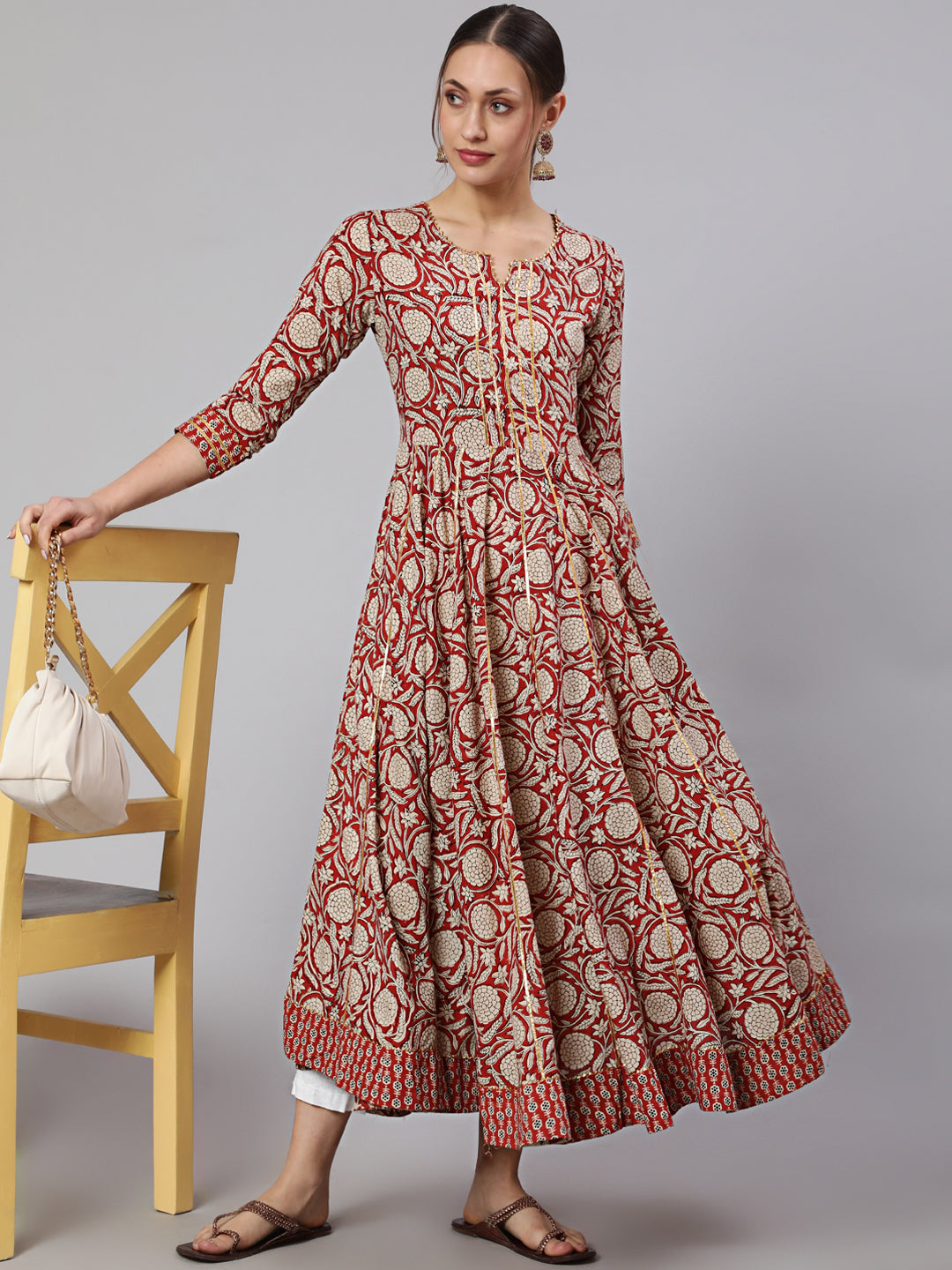 Cotton Printed Ankle Length Flared 3/4 Sleeve Round Neck Kurta