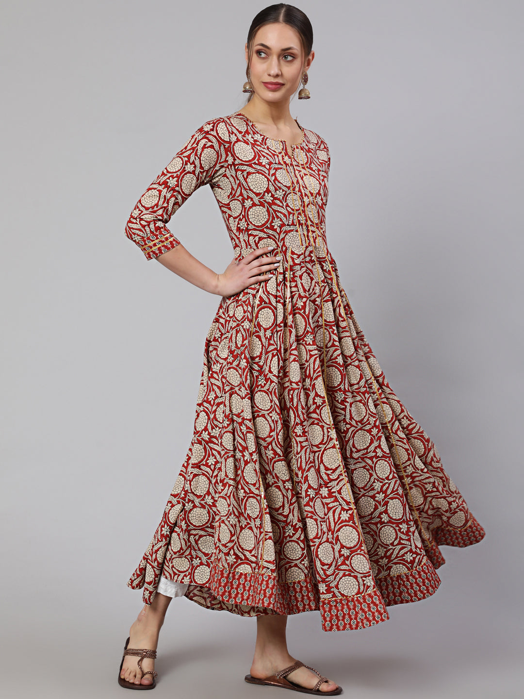 Cotton Printed Ankle Length Flared 3/4 Sleeve Round Neck Kurta