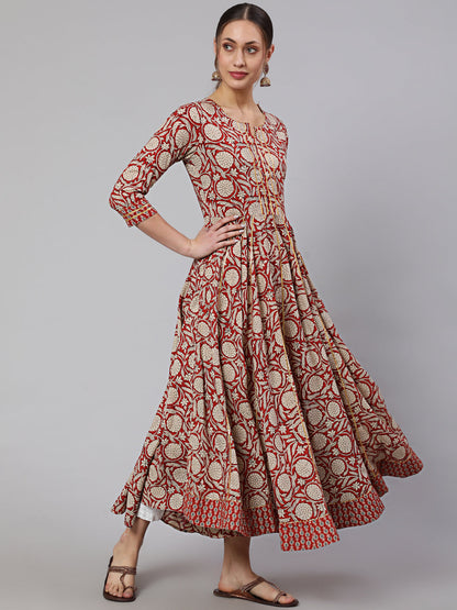 Cotton Printed Ankle Length Flared 3/4 Sleeve Round Neck Kurta