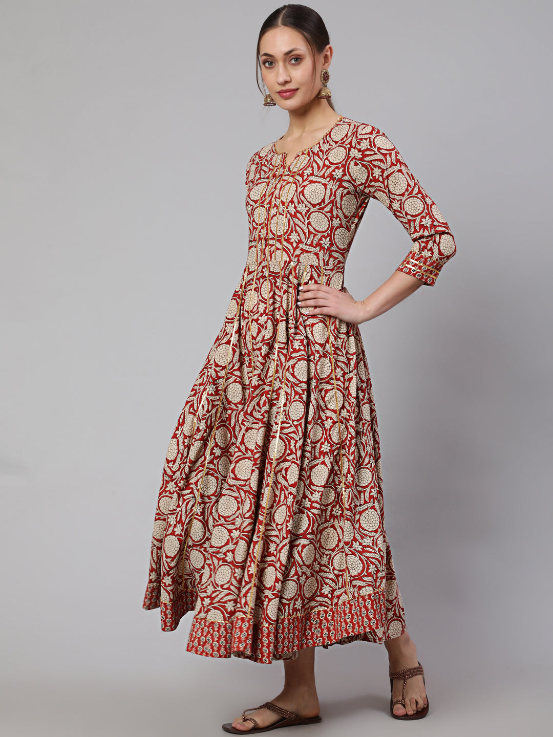 Cotton Printed Ankle Length Flared 3/4 Sleeve Round Neck Kurta