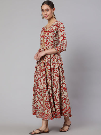 Cotton Printed Ankle Length Flared 3/4 Sleeve Round Neck Kurta