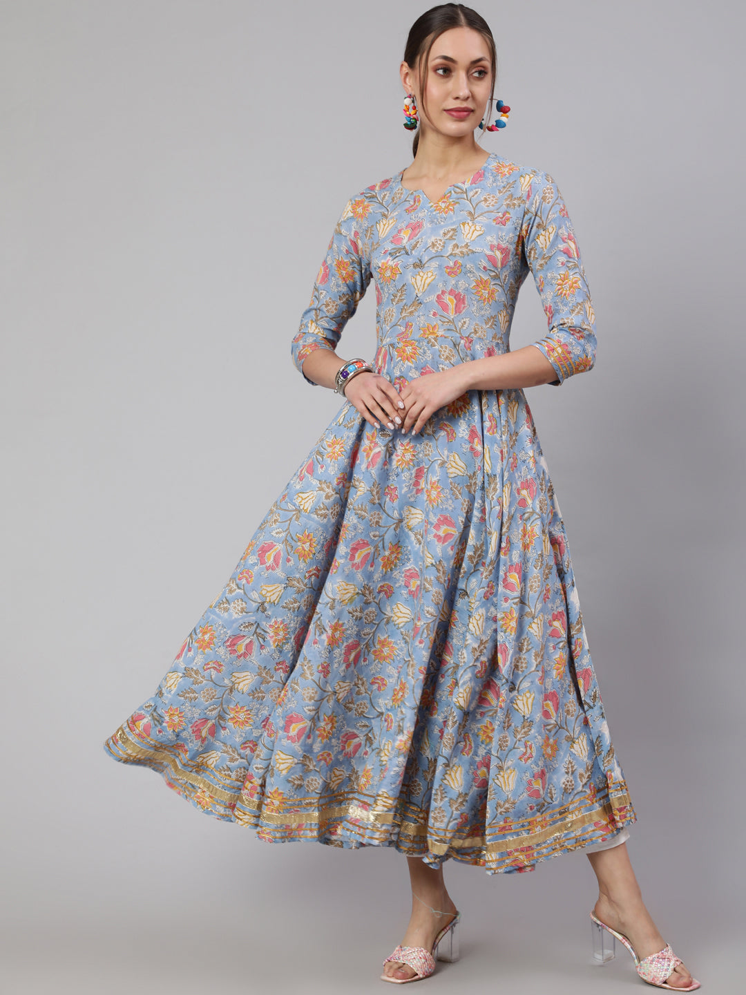 Cotton Printed Ankle Length Flared 3/4 Sleeve Round Neck Kurta