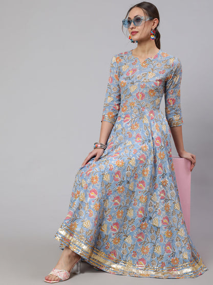 Cotton Printed Ankle Length Flared 3/4 Sleeve Round Neck Kurta