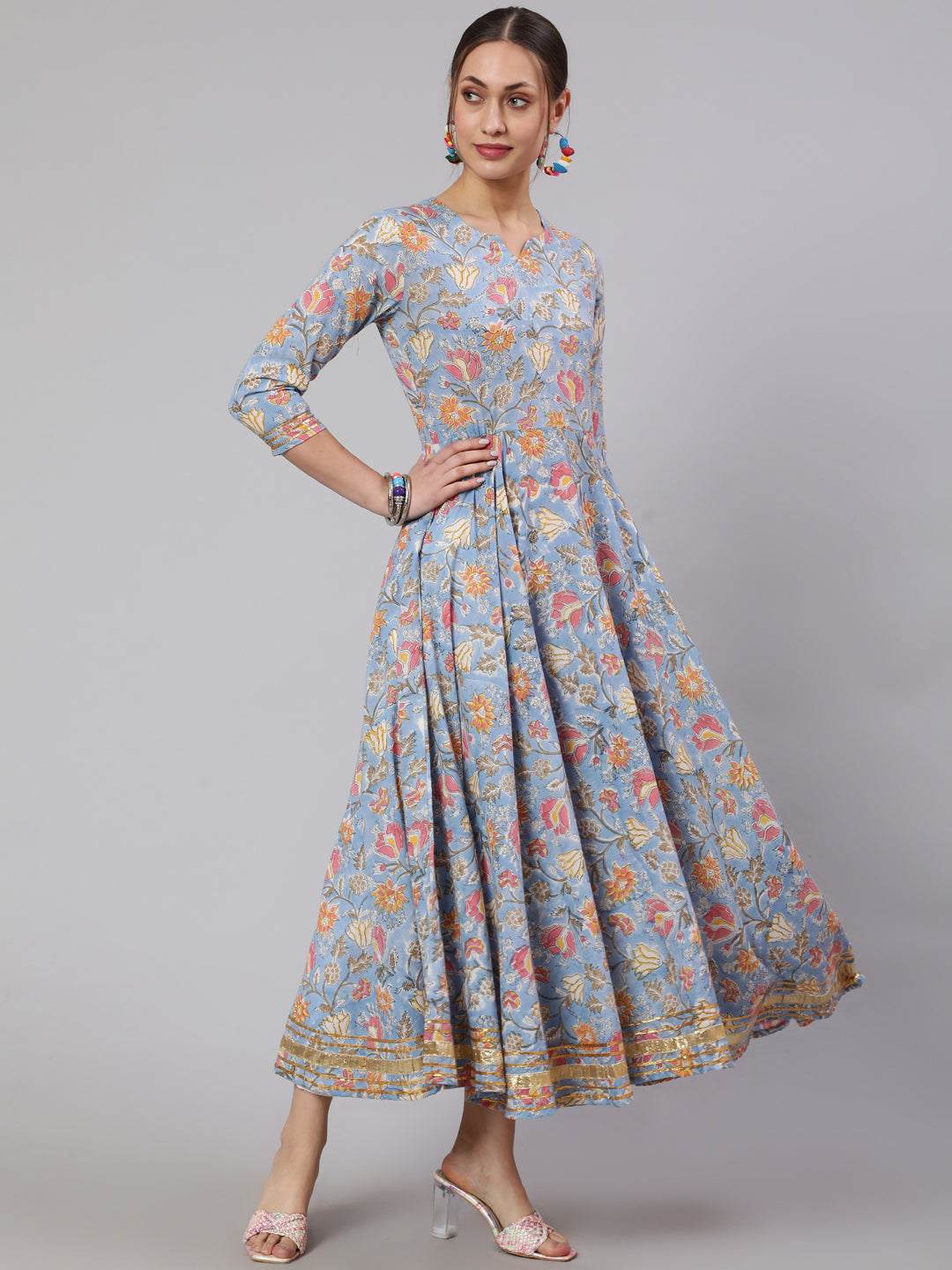 Cotton Printed Ankle Length Flared 3/4 Sleeve Round Neck Kurta