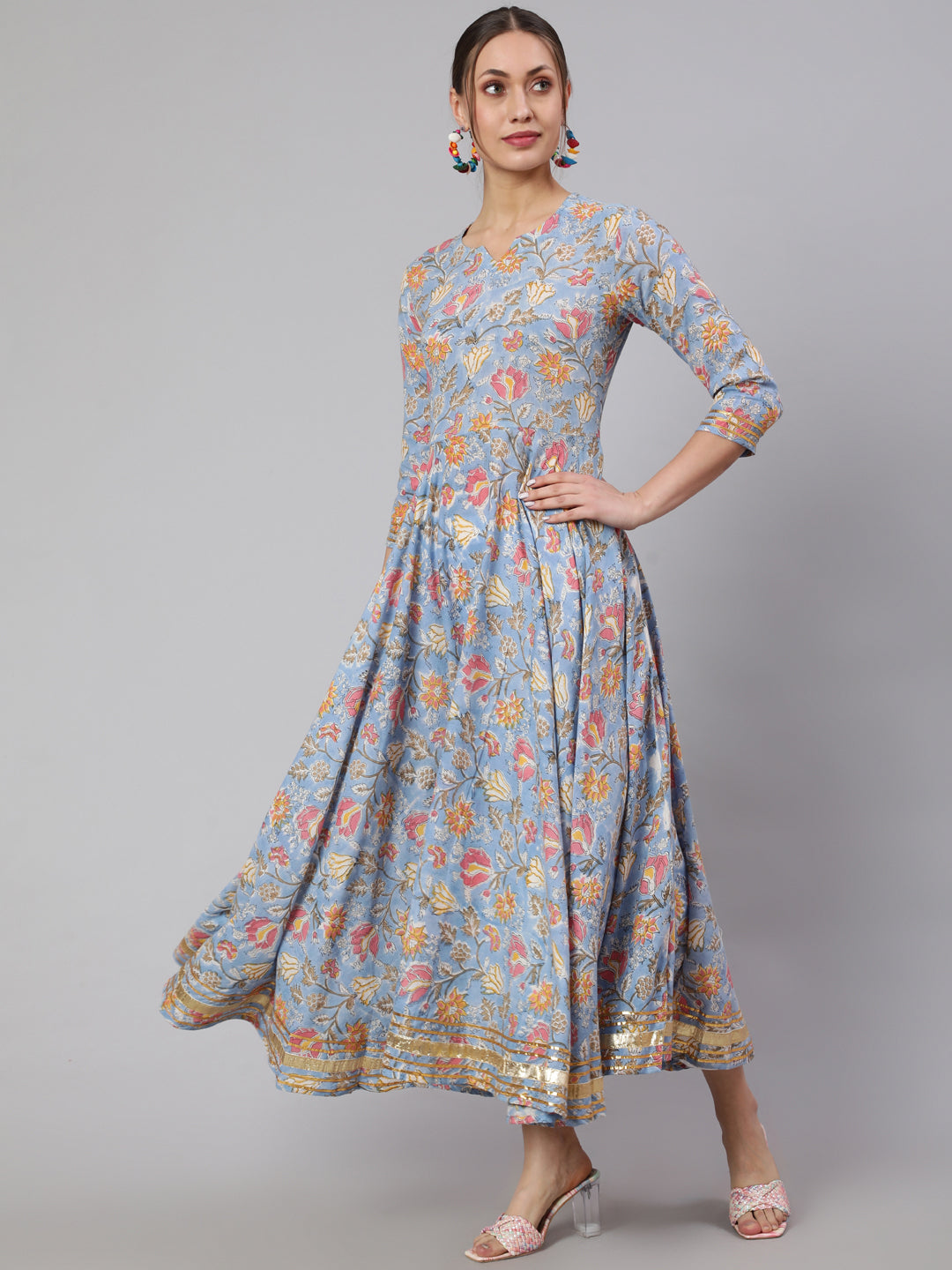 Cotton Printed Ankle Length Flared 3/4 Sleeve Round Neck Kurta