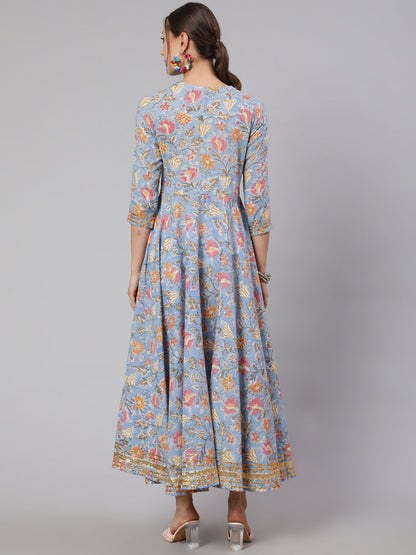 Cotton Printed Ankle Length Flared 3/4 Sleeve Round Neck Kurta