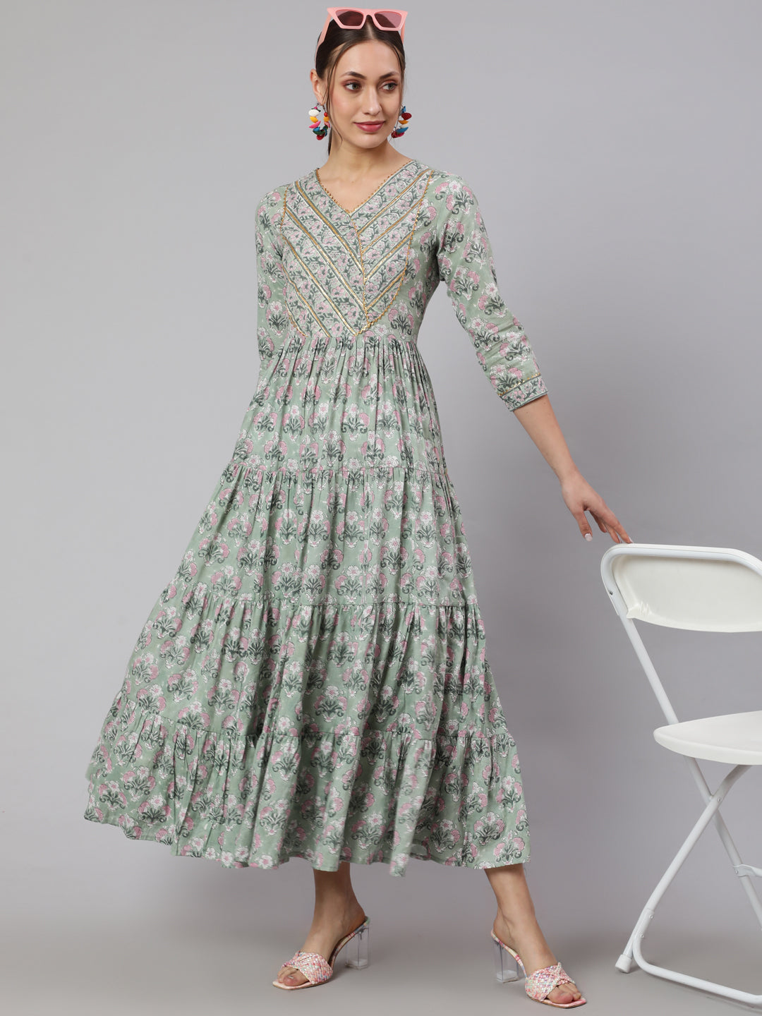 Cotton Printed Ankle Length Flared 3/4 Sleeve Round Neck Kurta