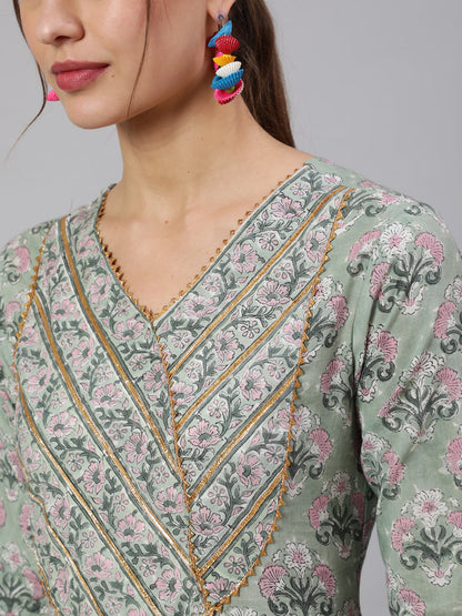 Cotton Printed Ankle Length Flared 3/4 Sleeve Round Neck Kurta