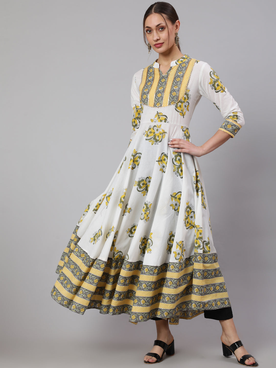 Cotton Printed Ankle Length Flared 3/4 Sleeve Mandarin Neck Kurta