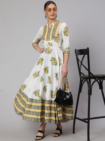 Cotton Printed Ankle Length Flared 3/4 Sleeve Mandarin Neck Kurta