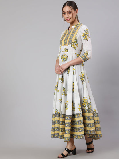 Cotton Printed Ankle Length Flared 3/4 Sleeve Mandarin Neck Kurta