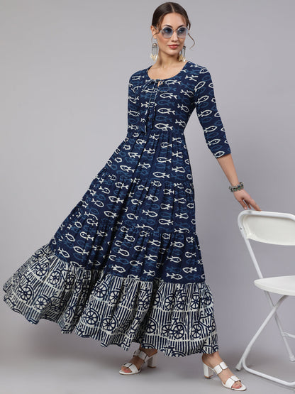 Cotton Printed Ankle Length Flared 3/4 Sleeve Round Neck Kurta