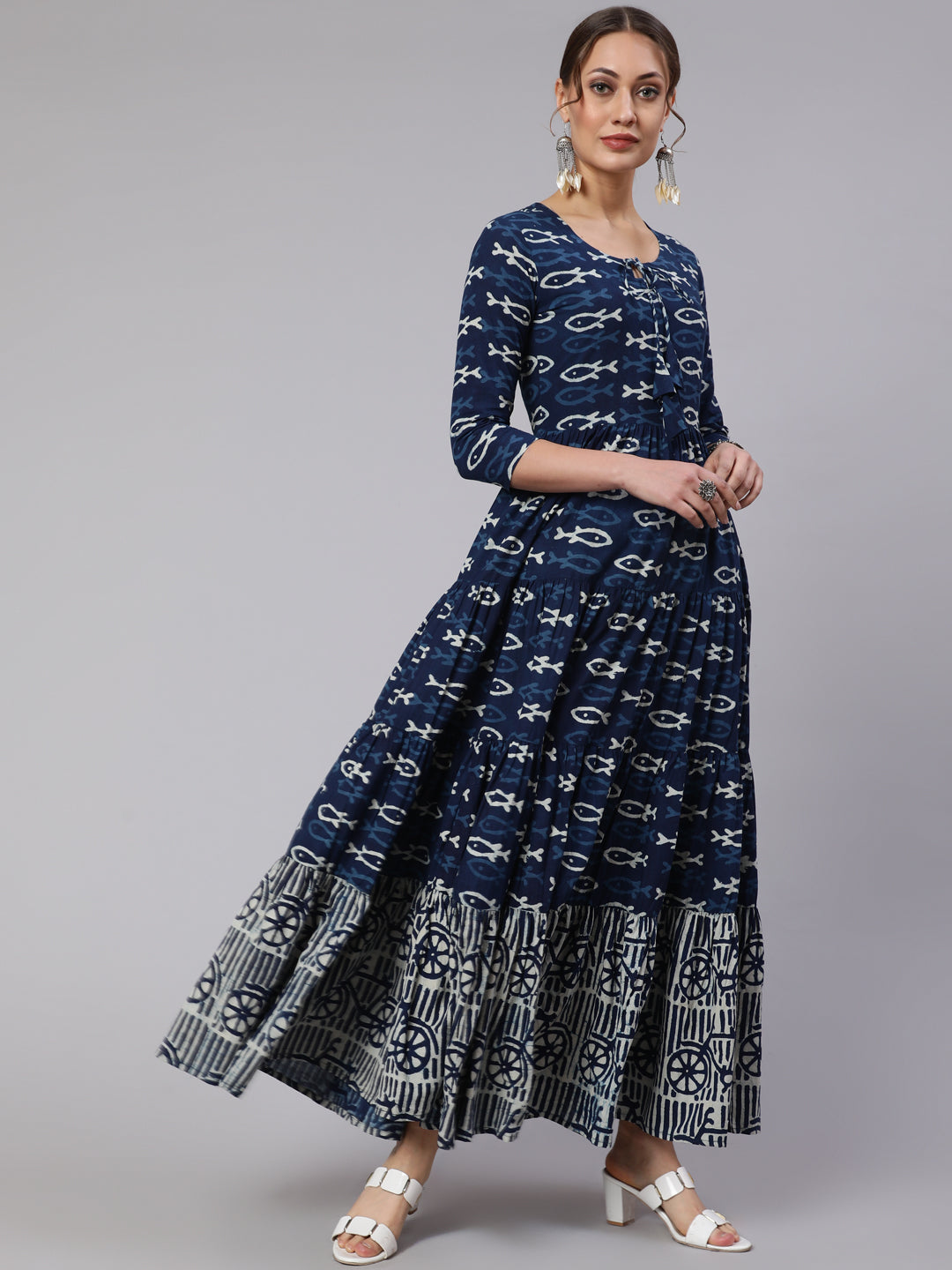 Cotton Printed Ankle Length Flared 3/4 Sleeve Round Neck Kurta