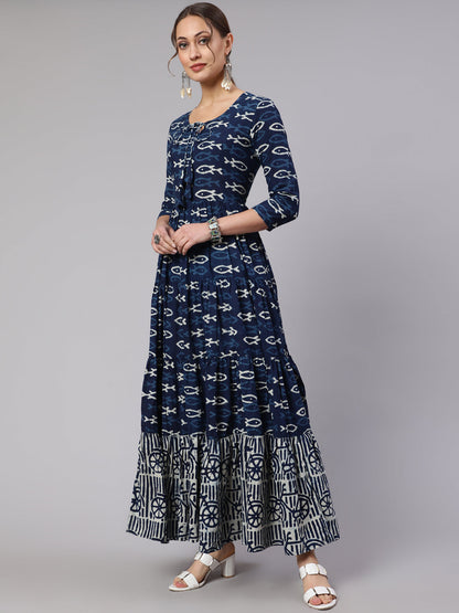 Cotton Printed Ankle Length Flared 3/4 Sleeve Round Neck Kurta