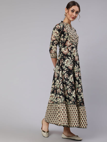 Cotton Printed Ankle Length Flared 3/4 Sleeve Mandarin Neck Kurta