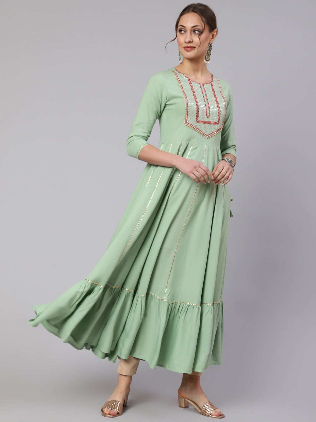 Embroidery Designer Rayon Calf Length Flared 3/4 Sleeve Round Neck Kurta