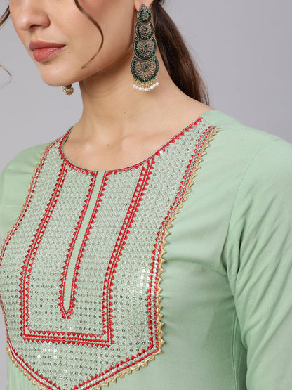 Embroidery Designer Rayon Calf Length Flared 3/4 Sleeve Round Neck Kurta