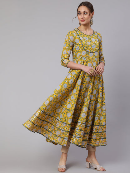 Cotton Printed Ankle Length Flared 3/4 Sleeve Round Neck Kurta