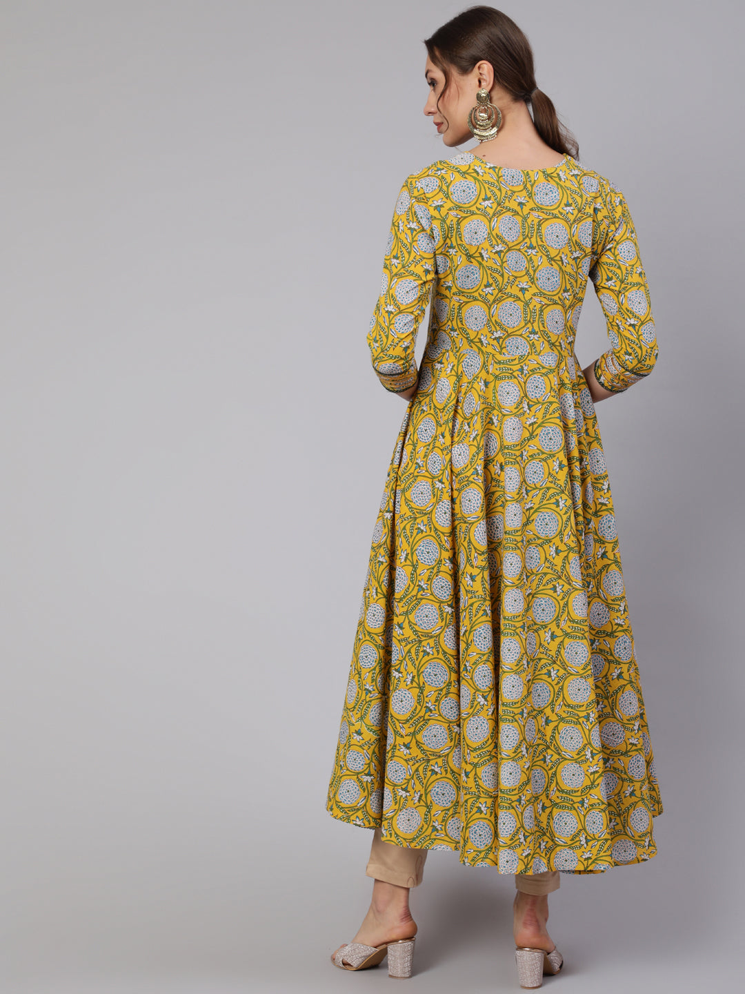 Cotton Printed Ankle Length Flared 3/4 Sleeve Round Neck Kurta