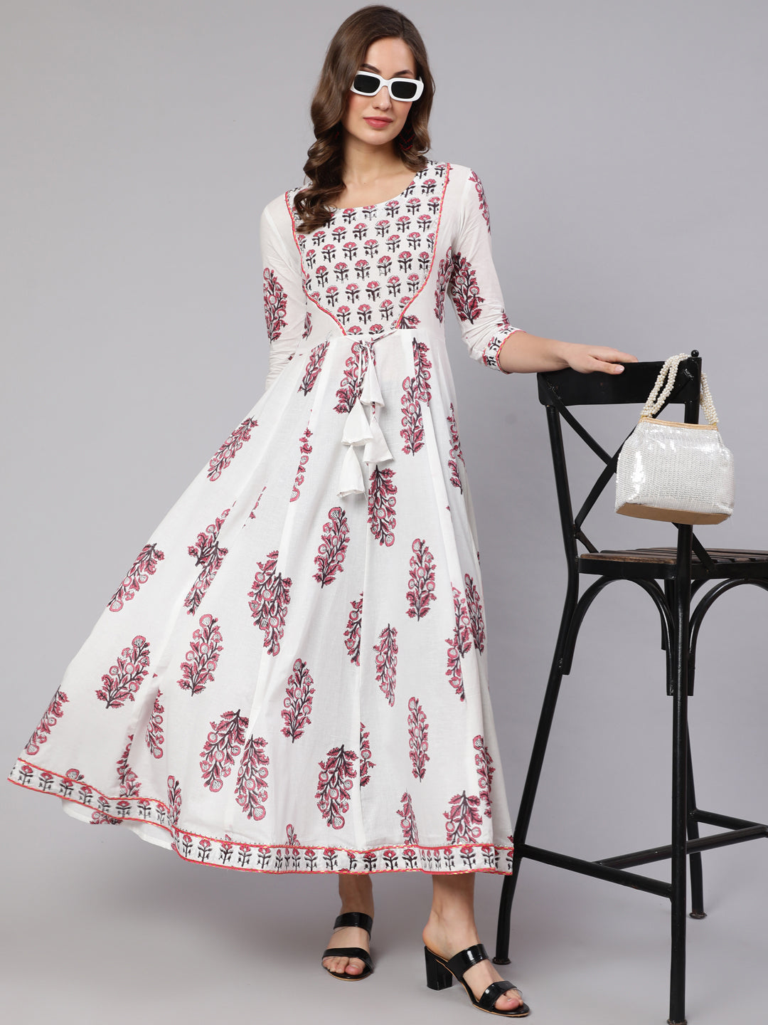 Cotton Printed Ankle Length Flared 3/4 Sleeve Round Neck Kurta