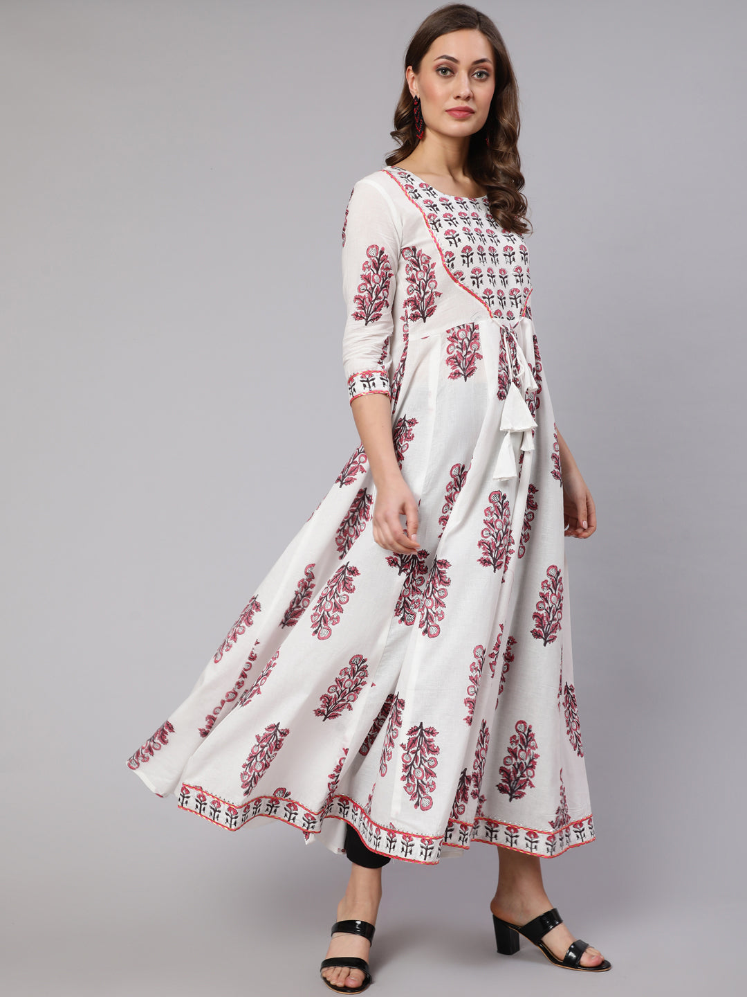 Cotton Printed Ankle Length Flared 3/4 Sleeve Round Neck Kurta