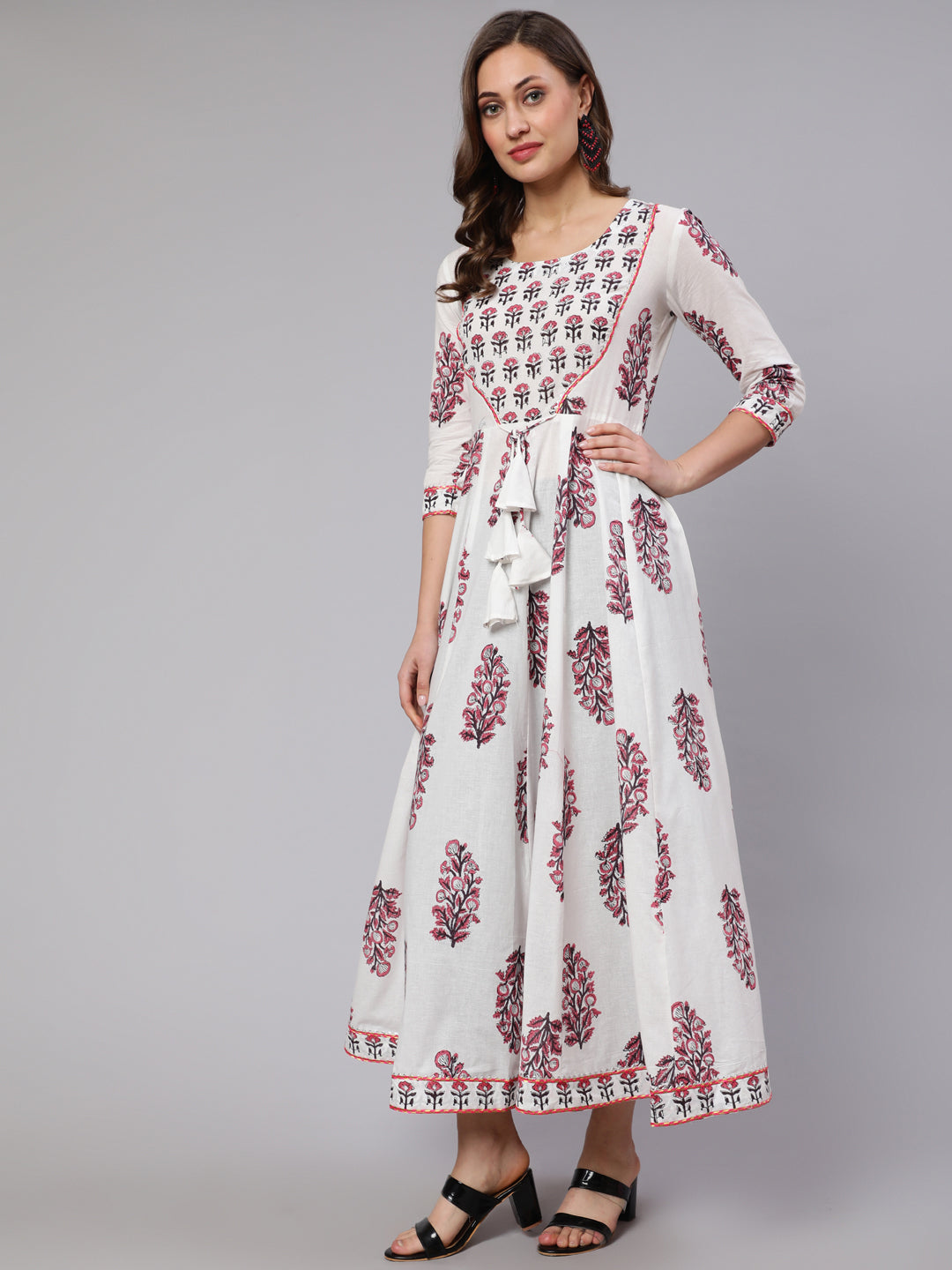 Cotton Printed Ankle Length Flared 3/4 Sleeve Round Neck Kurta