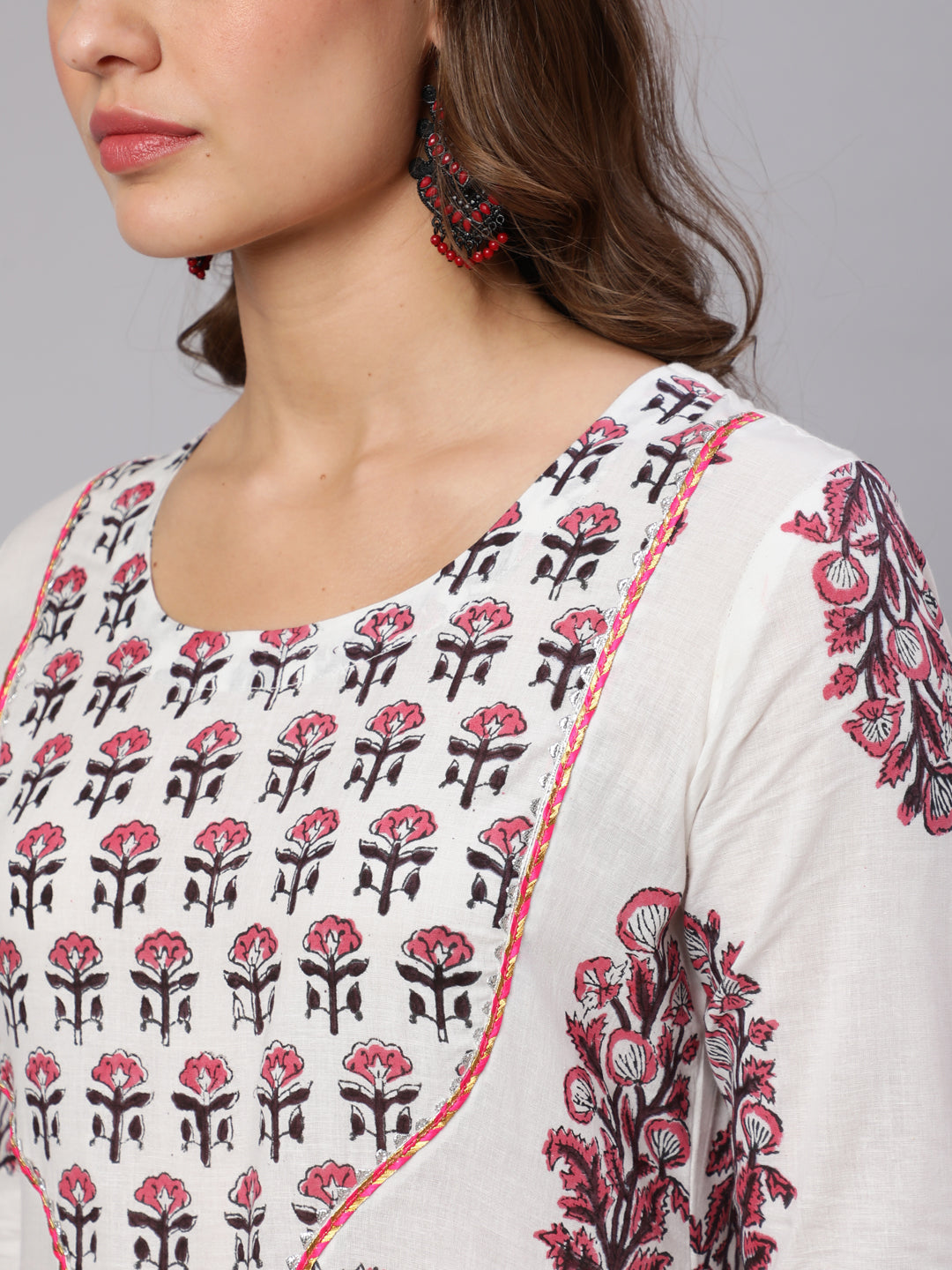 Cotton Printed Ankle Length Flared 3/4 Sleeve Round Neck Kurta