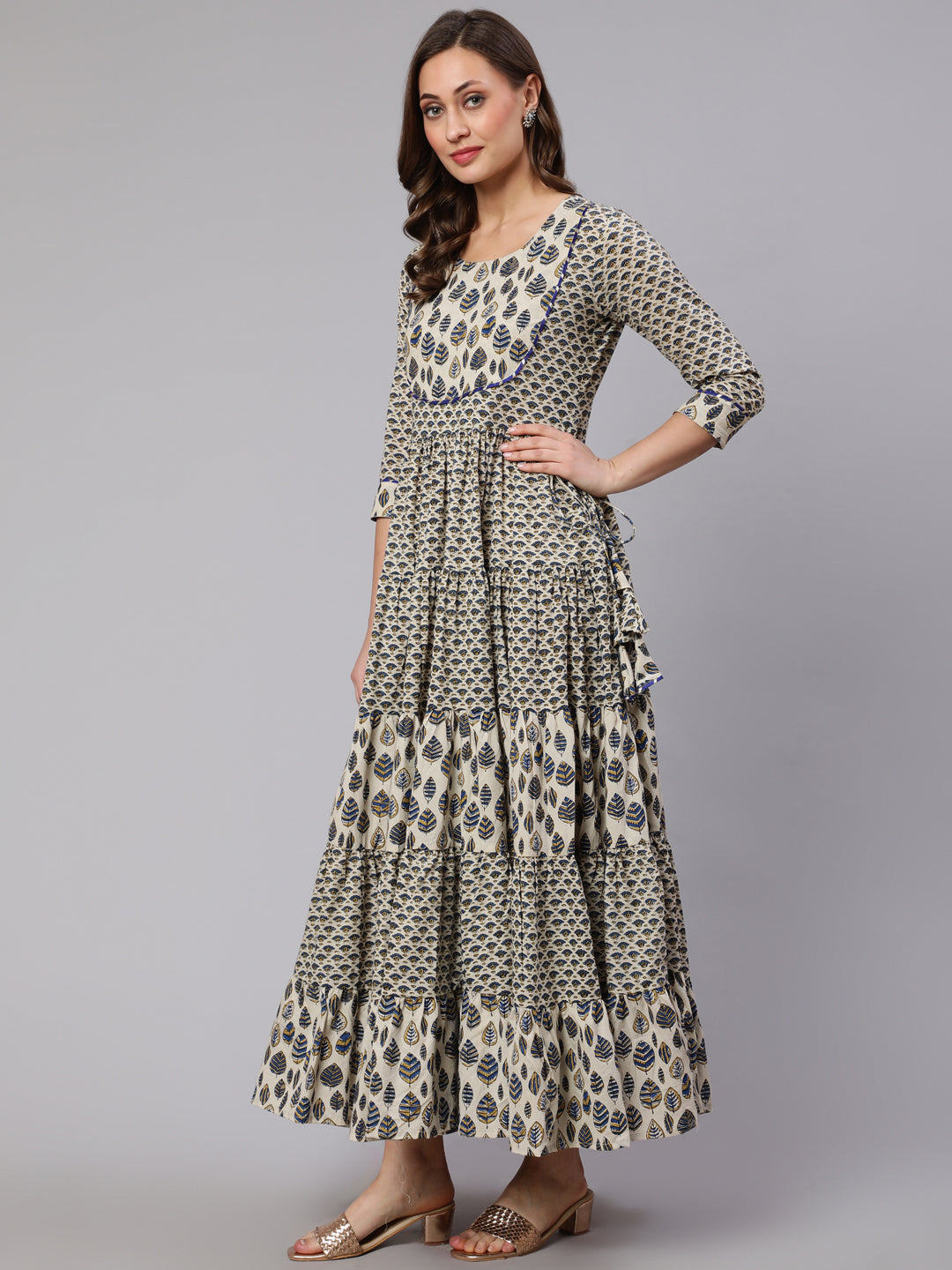 Cotton Printed Ankle Length Flared 3/4 Sleeve Round Neck Kurta