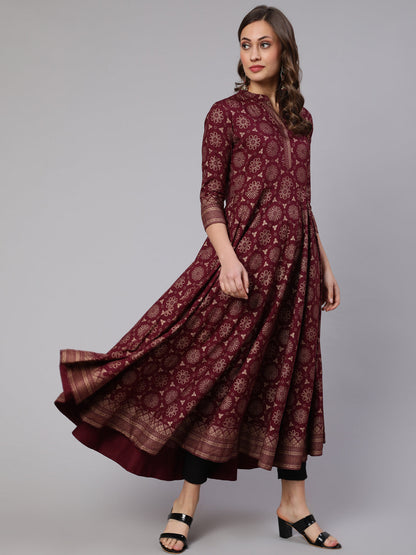 Rayon Gold Printed Ankle Length Flared 3/4 Sleeve Mandarin Neck Kurta