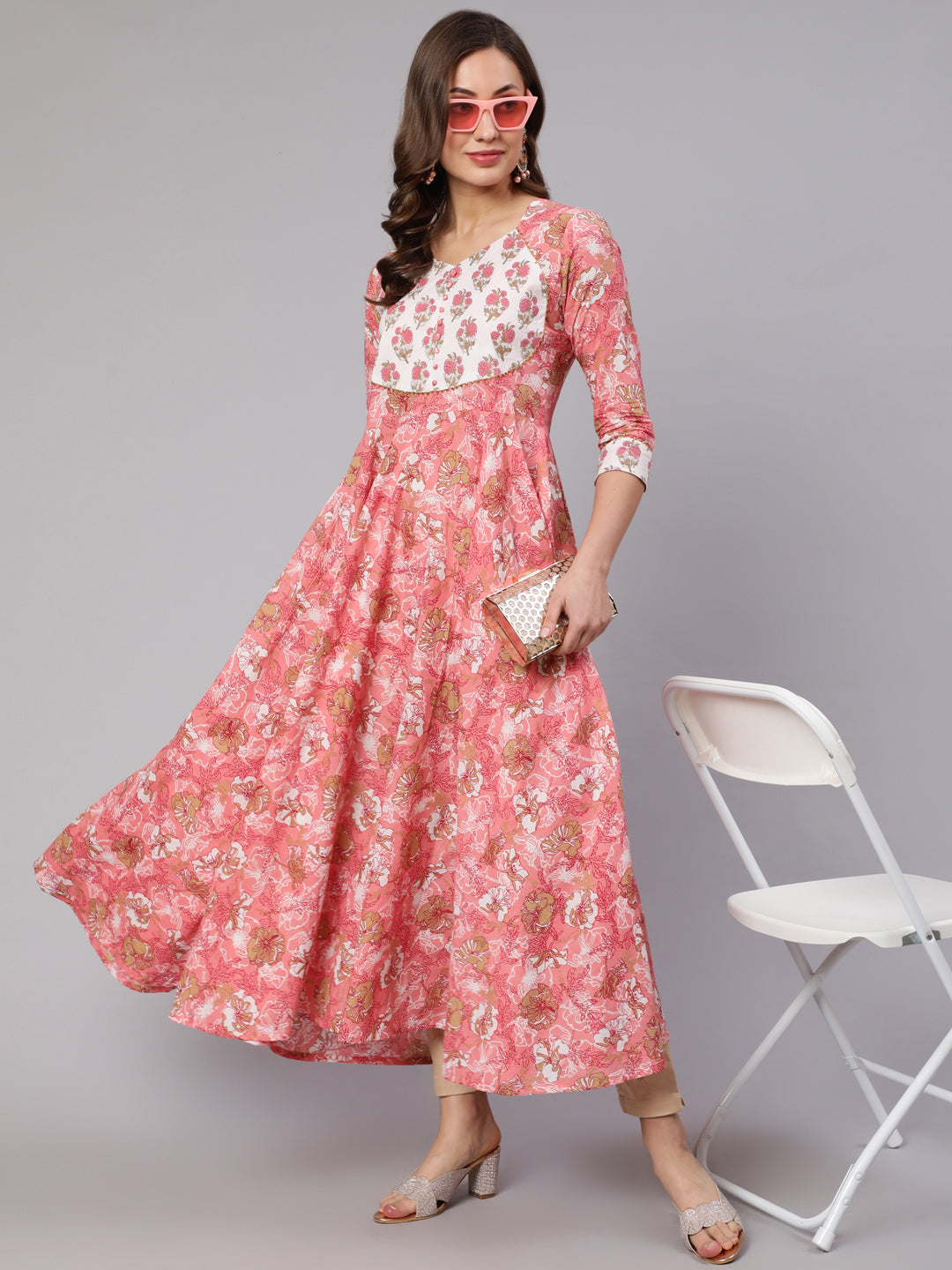 Cotton Printed Ankle Length Flared 3/4 Sleeve Round Neck Kurta